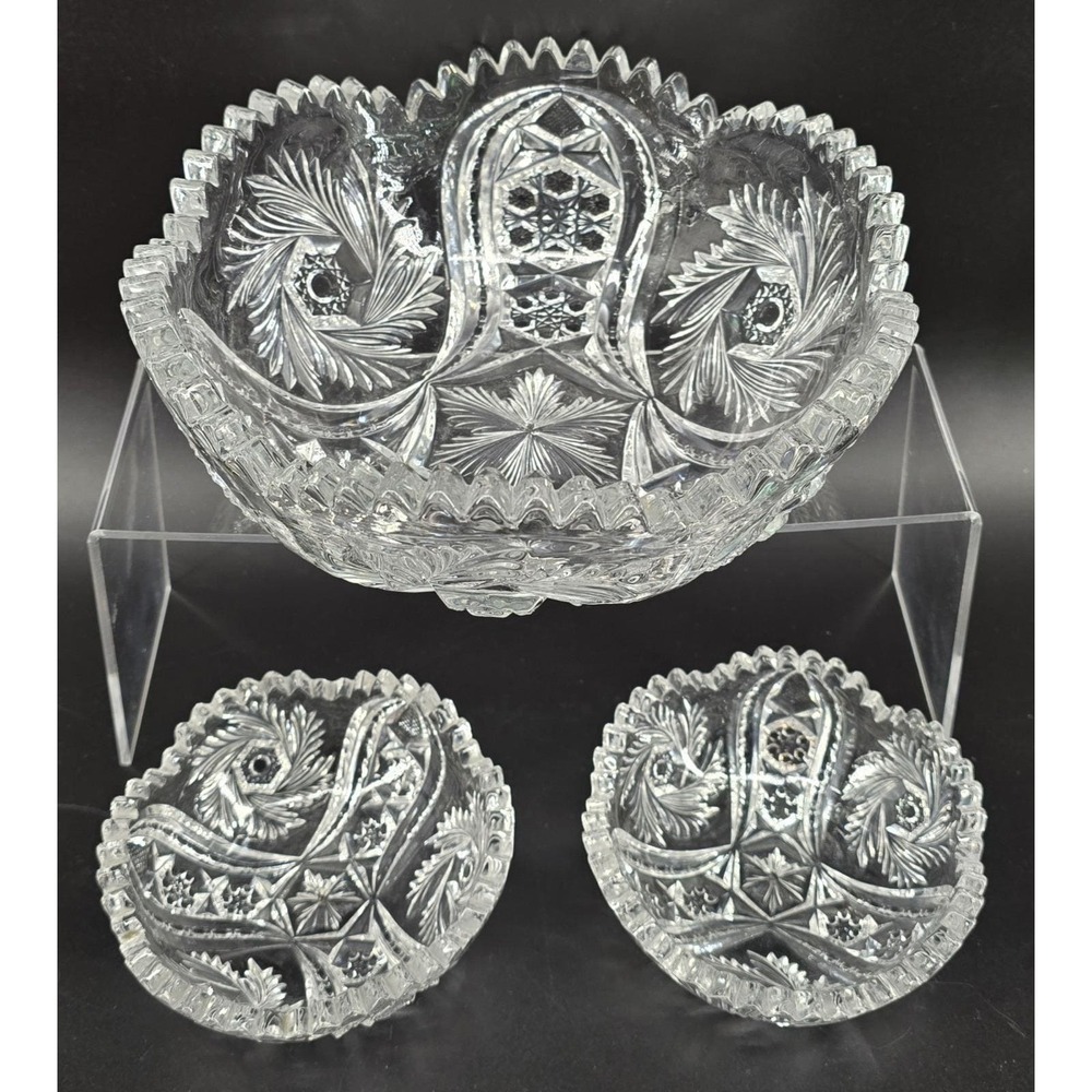 Set of 3 Antique McKee Glass Pres Cut‎ Crystal Bowls WILTEC Pattern 1913 8.5"